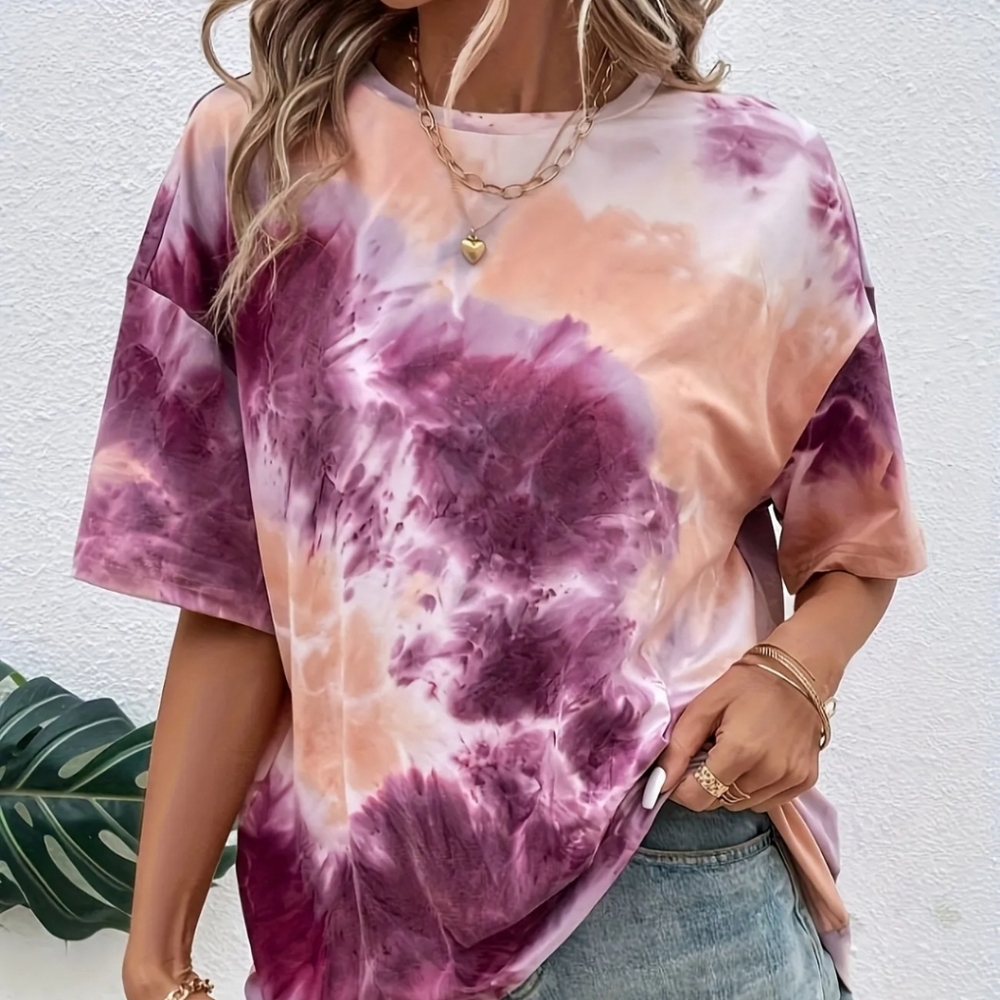 Women's Tie-Dye Top in Purple and Pink Hues, 2x Relaxed Fit - Picture 8 of 13
